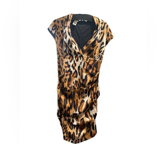 CACHE Leopard Print Ruched Satin Bodycon Dress - Size 10 - Picture 1 of 3
